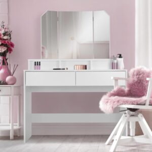 Kldbord med 3-delad fllbar spegel 100x40x140 cm vit spnskiva ML-Design