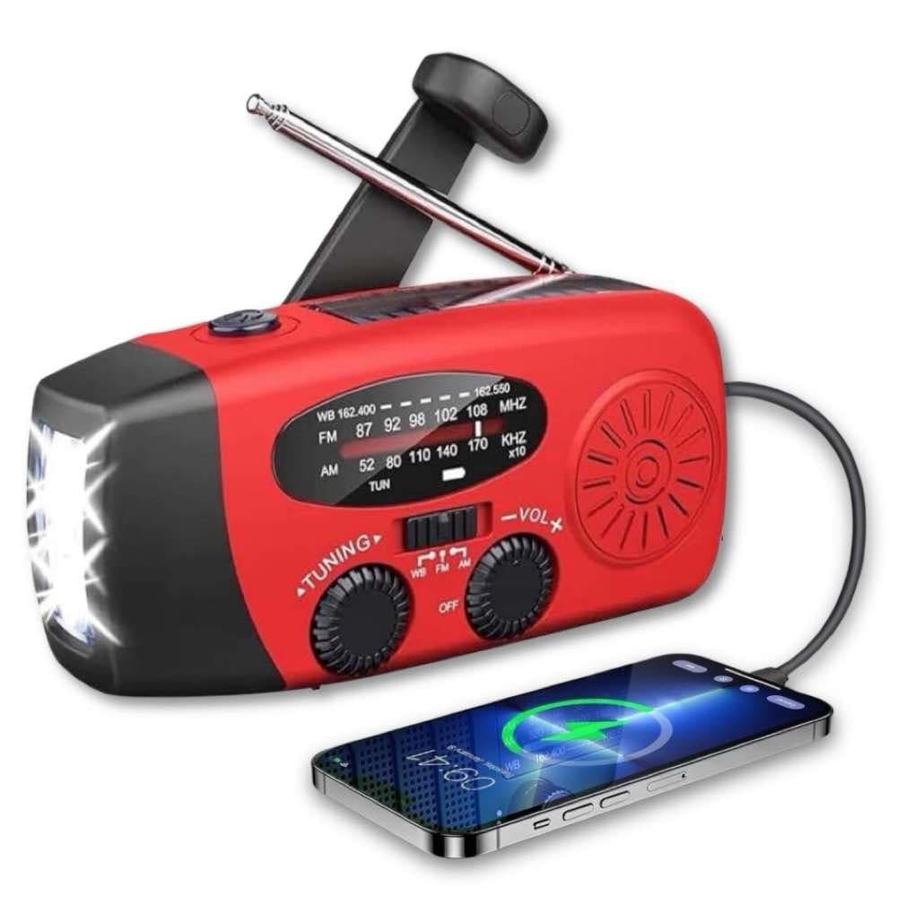 Vevradio med Solceller, Ficklampa och 2000mAh Powerbank SOS Nöd - Röd