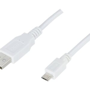 USB 2.0-kabel Typ A ha - Typ Micro B ha, 5-stift, fr laddning/dataverfring till mobiltelefoner/PDA, 3m, Vit