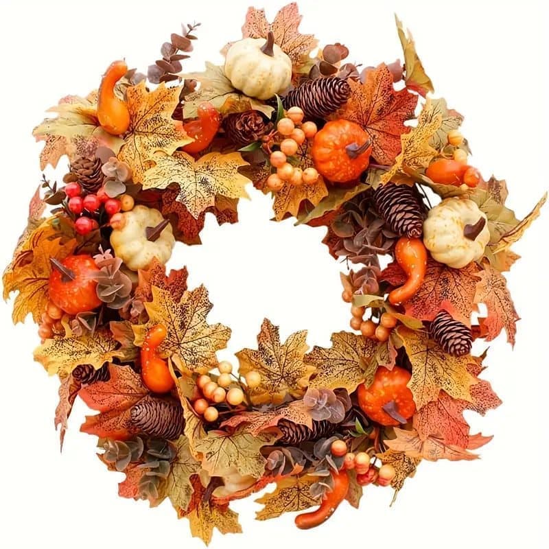 OBOSOE Krans Halloween Höst Orange 45 cm - Konstgjorda Pumpor, Röda Bär och Lönnblad, Trädgårdsdekoration