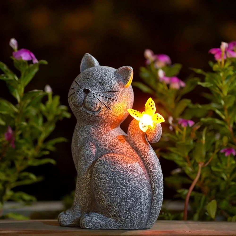 OBOSOE Solcellsdekoration Katt Trdgrdsdekoration med LED, Utepynt & Solenergilampa fr altan