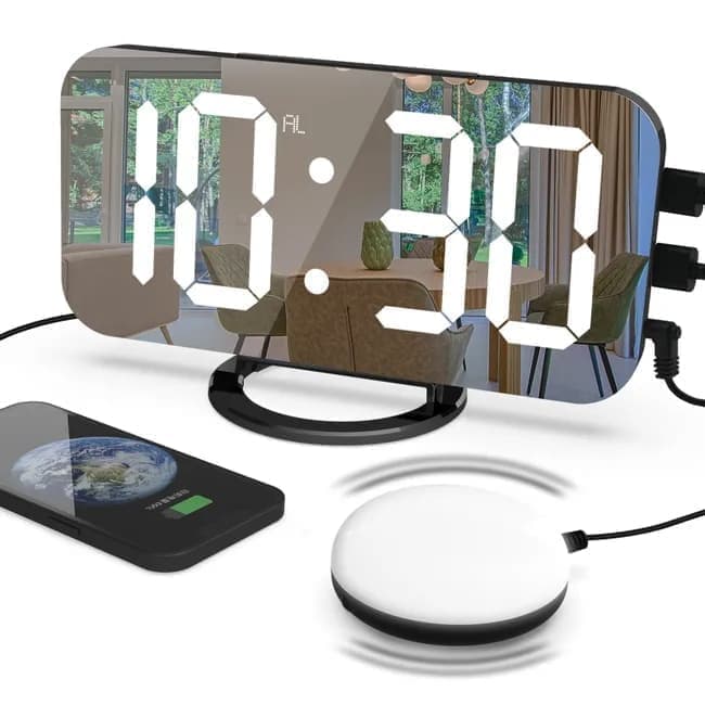 Väckarklocka med sängskakare - Digital LED-spegel väckarklocka för tungt sovande Digital klocka
