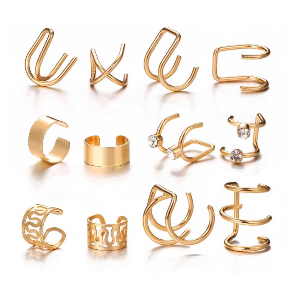 12-pack Fake Helix Piercing Öron Örhänge Ear Cuff utan Hål Guld