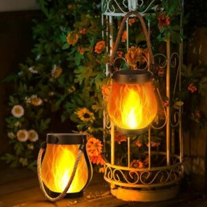 1/2-pack Solcells-Trädgårdslampa med Flamma – Vattentät Hängande Lampa med USB-laddning, Trädgårdsdekoration