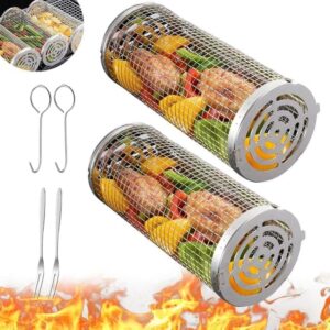 OBOSOE 2-pack Rullande Grillkorg i Rostfritt Stål med Avtagbart Handtag för Utomhus Camping och Trädgård