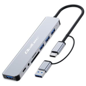 Qoltec - Hubb - 8-i-1, USB-C/USB - 1 x SuperSpeed USB 3.0 + 3 x USB 2.0 + 1 x USB-C + 1 x ljud - skrivbordsmodell