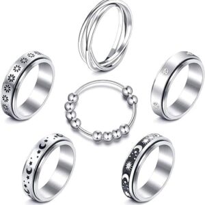OBOSOE Fidget Ringar för ångest 6 st. Rostfritt stål Spinner Ringar Anti-Ångest Ring Roterande Månstjärna