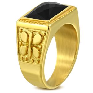 Klackring Herr Ring i Kirurgiskt Stål 316L i Guld färg med Svart CZ Kristall & Fint Mönster - Stl 19