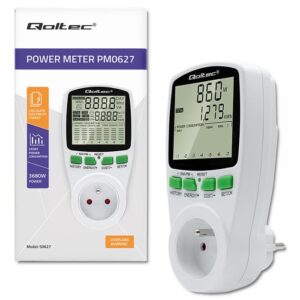 Qoltec Wattmeter Energiförbrukningsmätare PM0627 med mäthistorik | 3680W | 16A | LCD