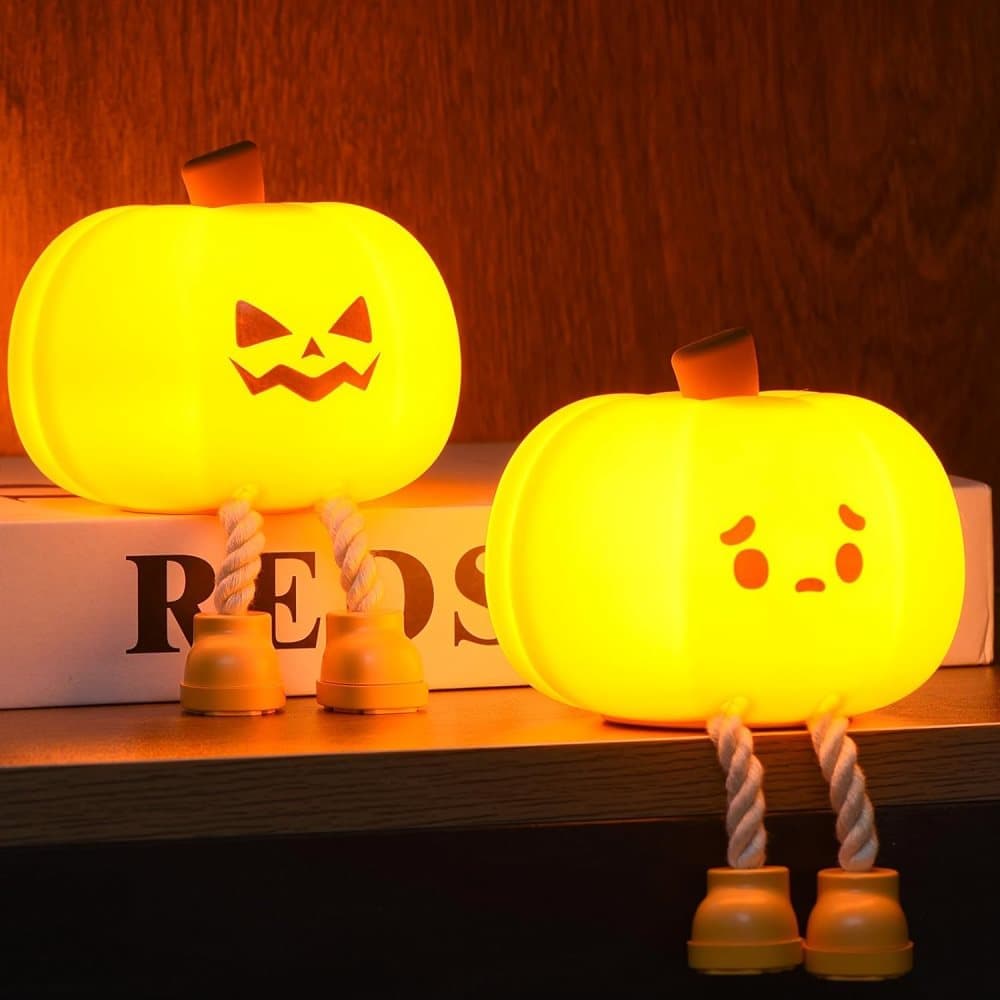OBOSOE 2st Pumpa Nattlampa LED, Söt Dimbar Silikon Barnlampa, Uppladdningsbar Sänglampa Halloween Dekor