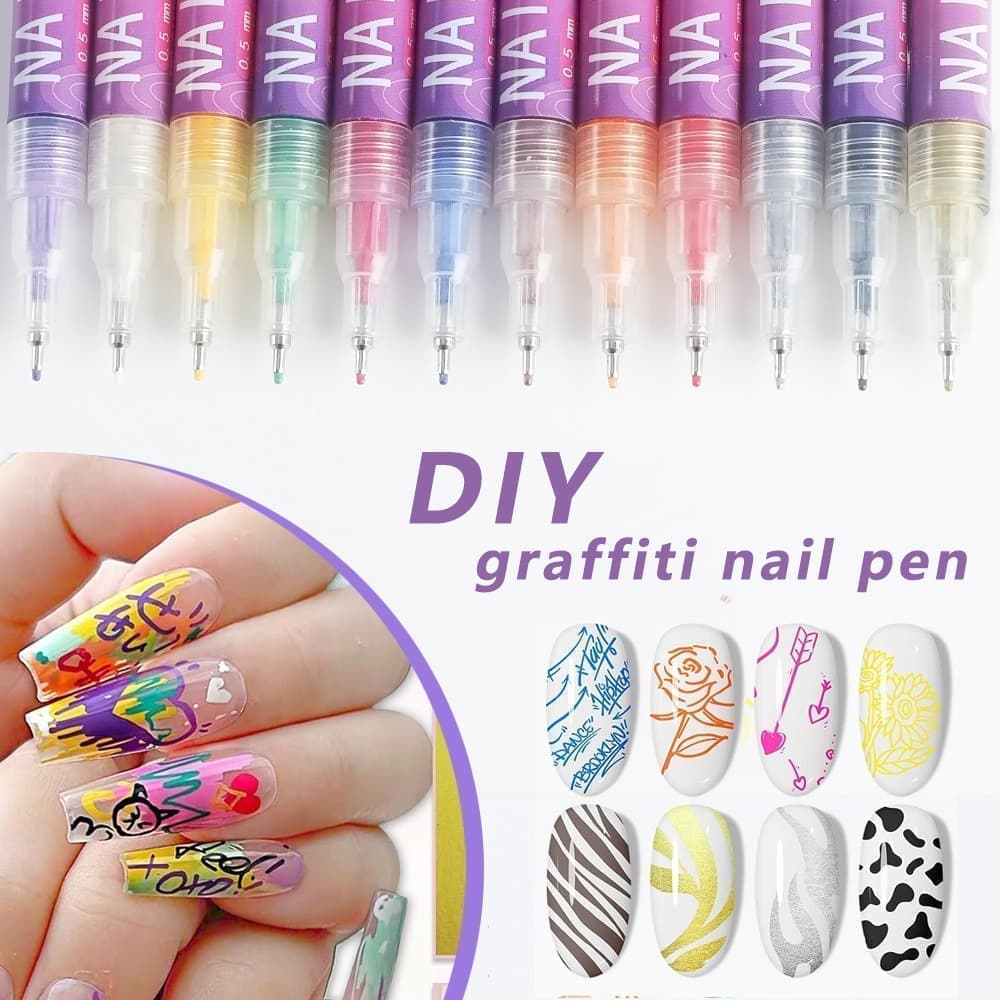 12 st Nagelkonst Pennmarkörset 3D Nail Art Verktyg för Dotting Ritning Målning Point Liner DIY (1 uppsättning)