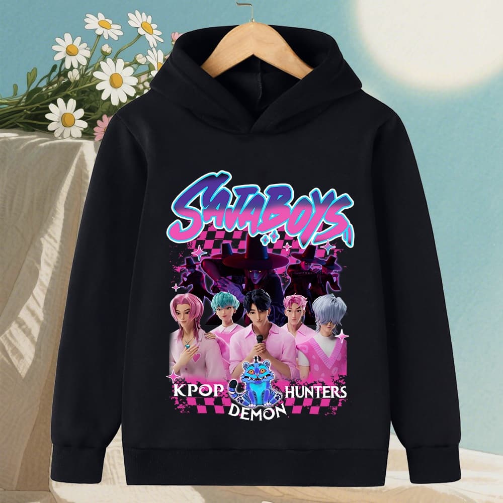 Pojkar Casual Black Hoodie - KPop Demon Hunter Cartoon Sweatshirt för varm modestil