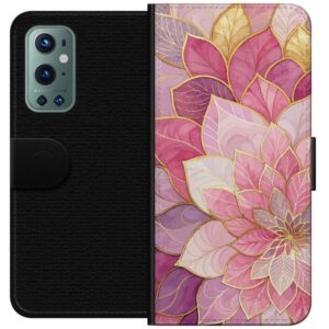OnePlus 9 Pro Plånboksfodral Blommig mandala - Rosa och lila mönster med gyllene detaljer illustration