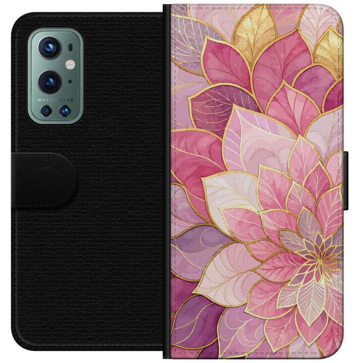 OnePlus 9 Pro Plånboksfodral Blommig mandala - Rosa och lila mönster med gyllene detaljer illustration