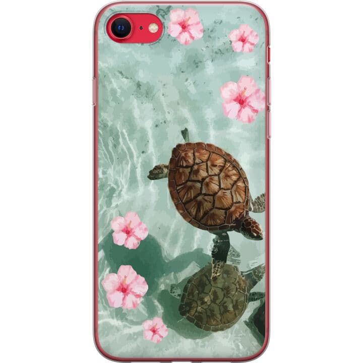 Apple iPhone SE (2020) Genomskinligt Skal Sköldpaddor och hibiskus tropisk design med blommor och vatten, lugn semesterkänsla inspirerad av hav och p
