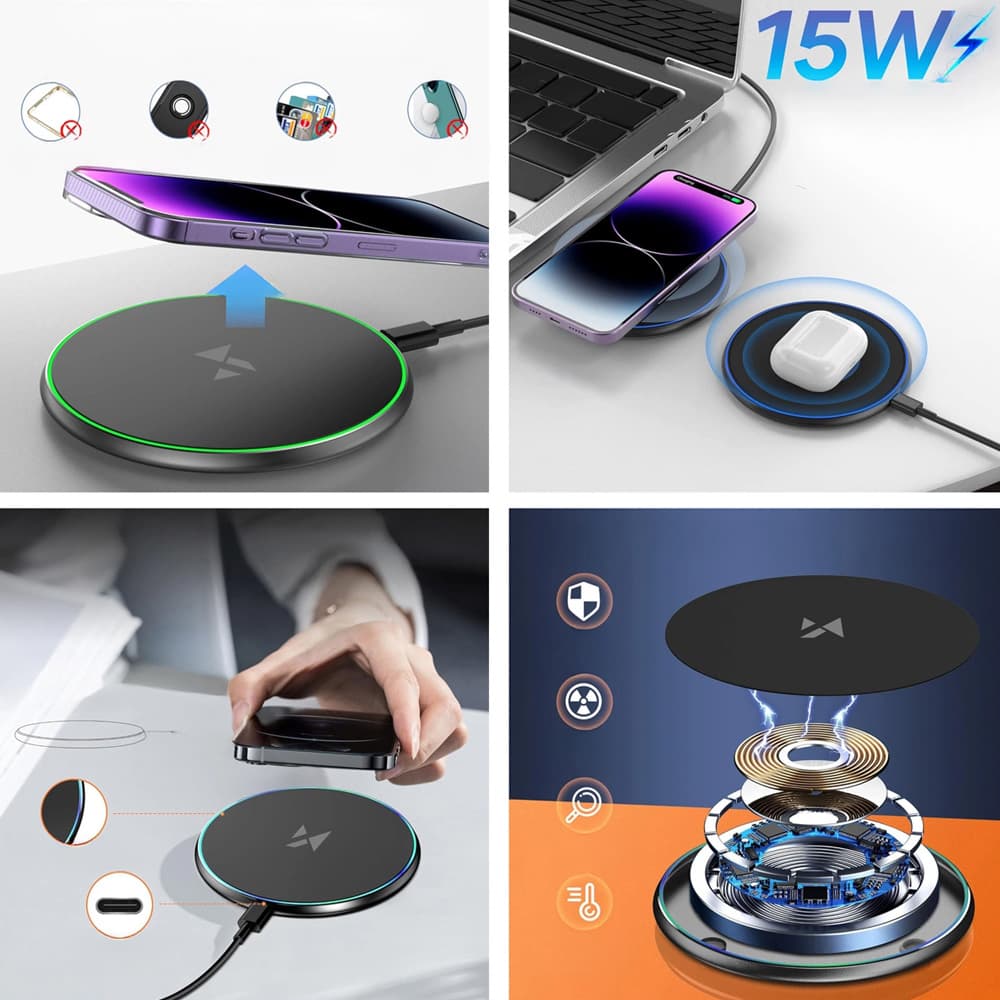 Wozinsky Trdls Laddplatta 15W Qi med USB-C-kabel - Svart