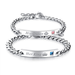 Krleksarmband parsmycken "His Queen" / "Her King" Titanstl Silver 2 st