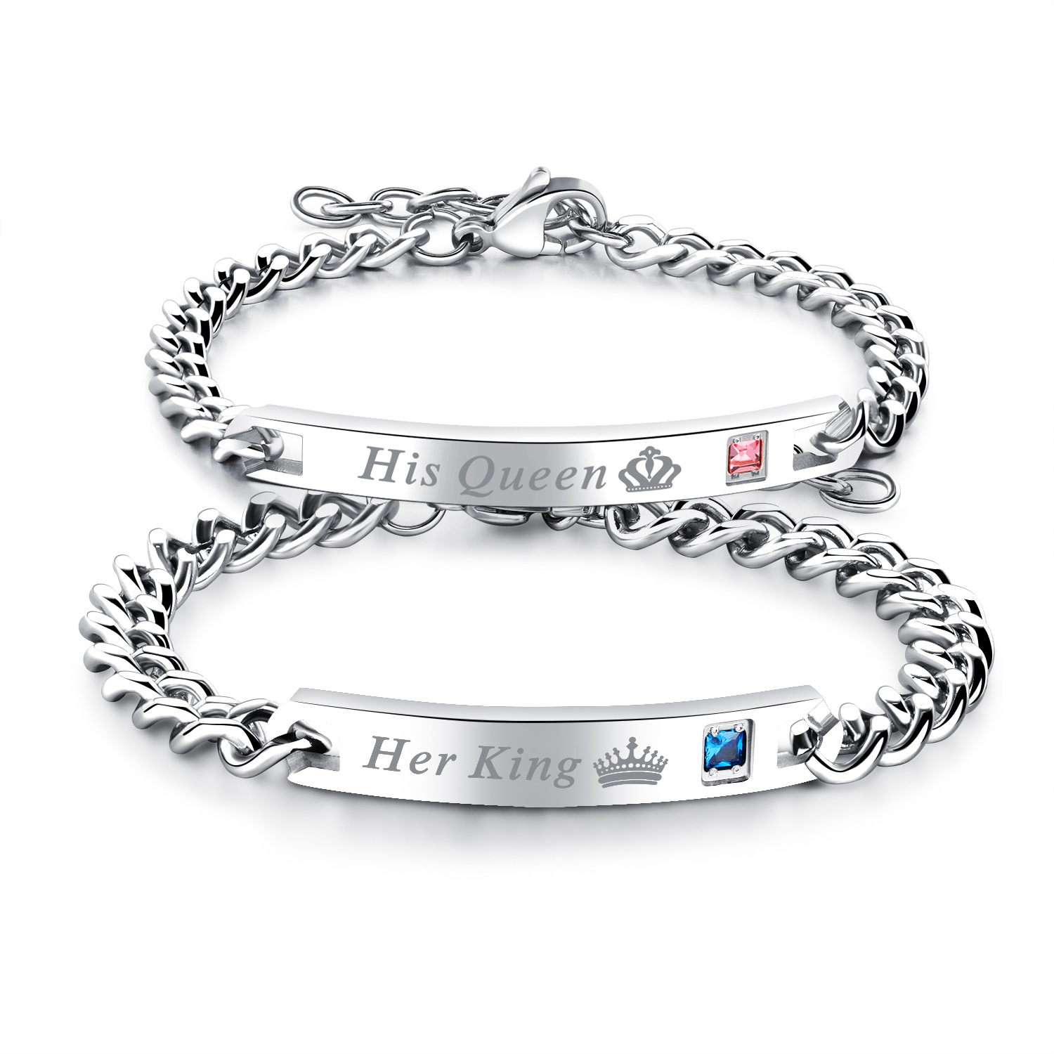 Krleksarmband parsmycken "His Queen" / "Her King" Titanstl Silver 2 st