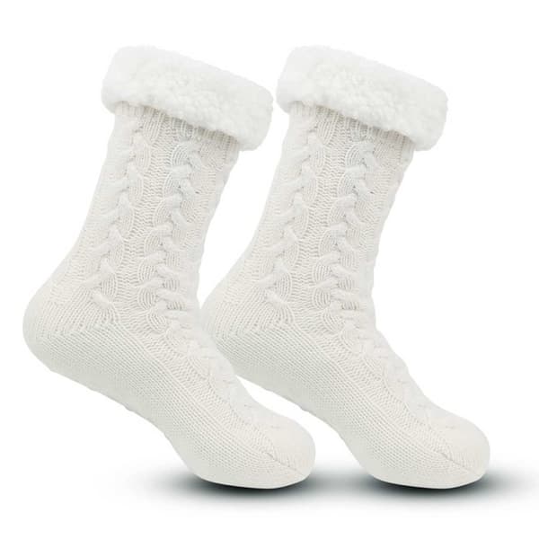 Lurviga Varma Stickade Sockor Tofflor med Halkskydd Vit