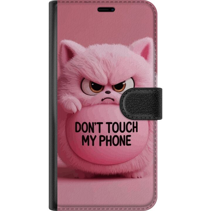 Kompatibelt Plånboksfodral till OnePlus 13 Humoristisk rosa katt med texten Don't Touch My Phone, en rolig trendig design som passar perfekt som skyd