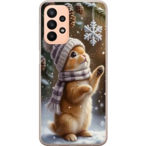 Kompatibelt Mobilskal till Samsung Galaxy A23 5G Vinterkanin med mössa och halsduk beundrar snöflinga charmigt vintermotiv fyllt med julkänsla