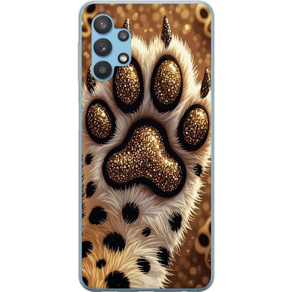 Kompatibelt Mobilskal till Samsung Galaxy A32 5G Glittrande gyllene hundtass med päls och leopardmönster på en glittrig bakgrund