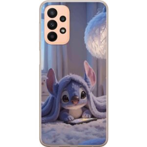 Kompatibelt Mobilskal till Samsung Galaxy A23 5G Stitch under filt med telefon kvällsmys i blå toner charmig drömlik design för alla som älskar söt s